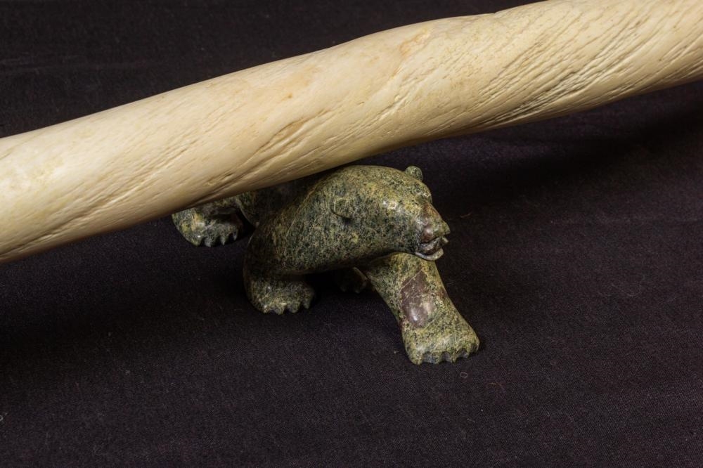 Artwork by Adla Korgak, Allan Sheutiapik, A narwhal tusk supported on a pair of polar bears, Made of carved of Iqaluit