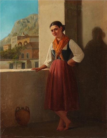 A woman on a balcony with a mountain village in the distance by Carl Balsgaard