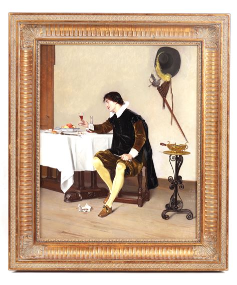 Interior scene with young cavalier enjoying a glass of wine by Florent Willems