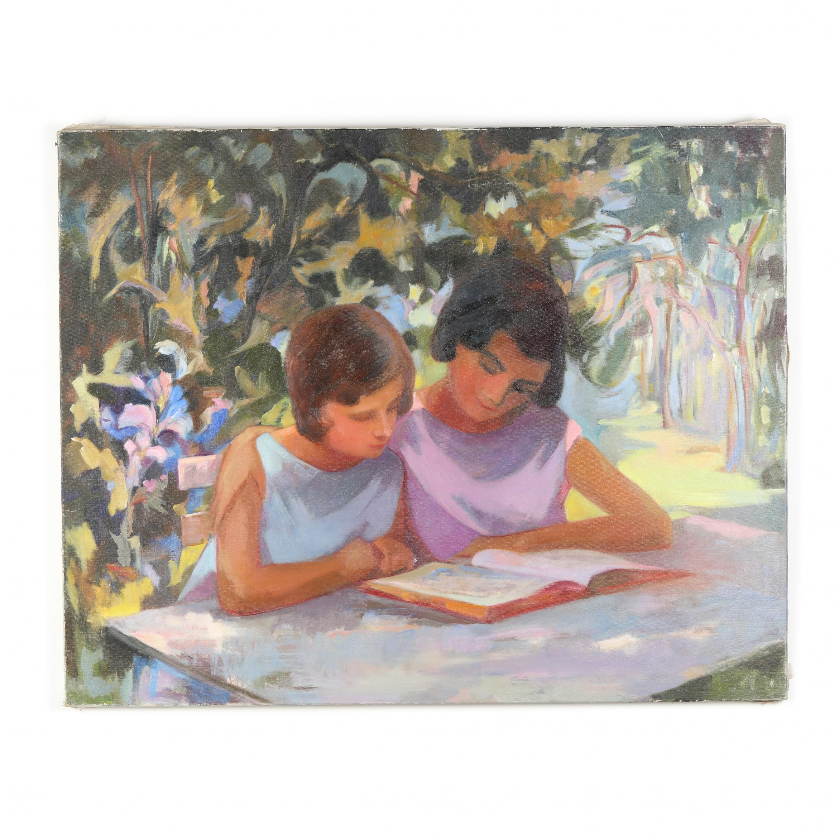 Artwork by Sylvia Gardette, Mother & Daughter Reading in the Park, Made of Oil on canvas