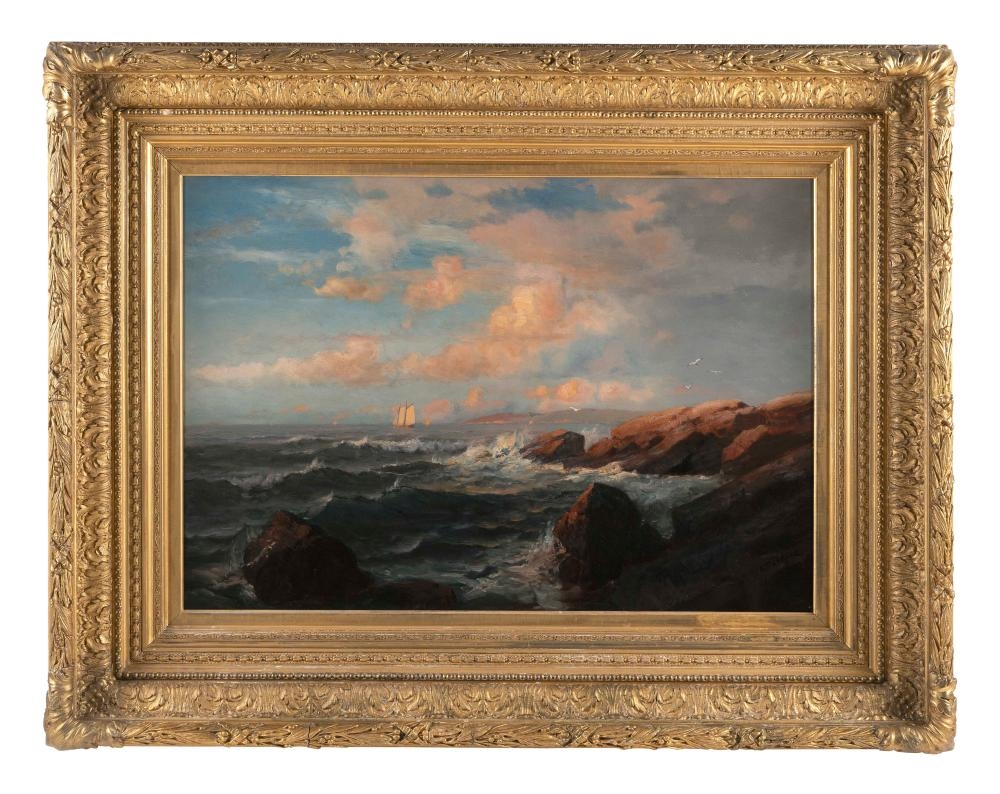 Artwork by Lemuel D. Eldred, Sunset over a rocky coast., Made of Oil on canvas