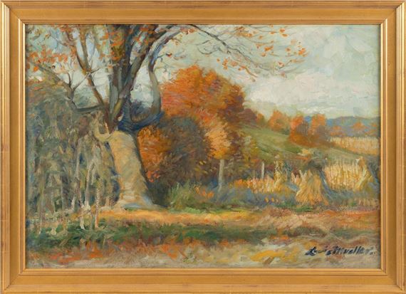 "Hillside Farm Landscape with Haystacks". by Louis F. Mueller