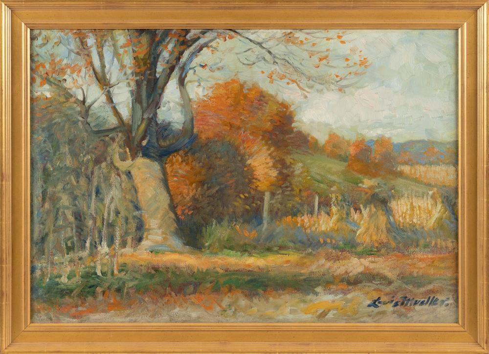 Artwork by Louis F. Mueller, "Hillside Farm Landscape with Haystacks"., Made of Oil on board