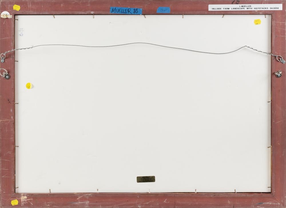 Artwork by Louis F. Mueller, "Hillside Farm Landscape with Haystacks"., Made of Oil on board