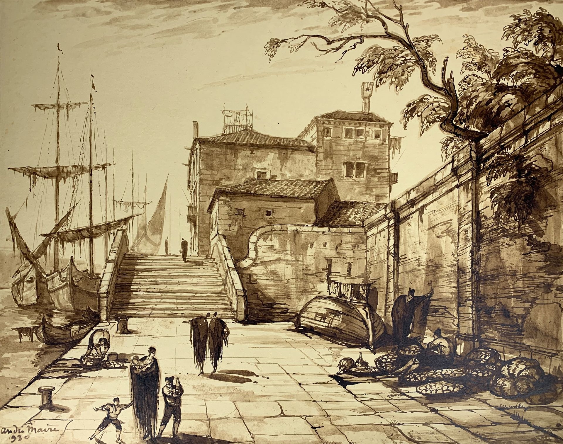 Artwork by André Maire, Petit pont à Venise, Made of Ink and sepia ink wash