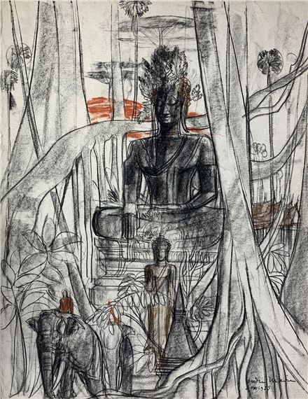 Eléphant et cornac près d'un Bouddha by André Maire, 1955