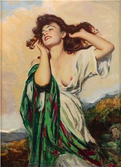 A romanticized portrait of a woman in flowing robes against a dramatic sky.