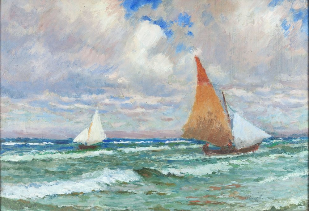 Artwork by Stanislaw Dabrowski, Baltic landscape with boats, Made of oil/paperboard