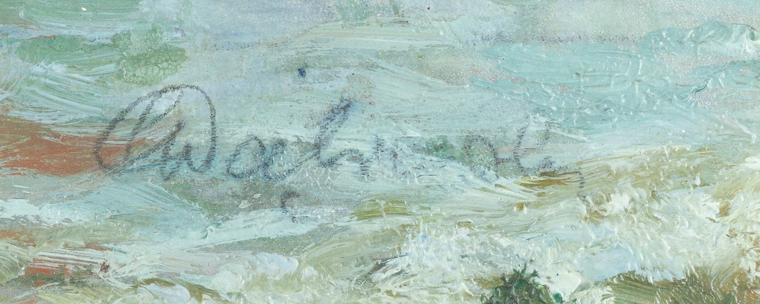 Artwork by Stanislaw Dabrowski, Baltic landscape with boats, Made of oil/paperboard