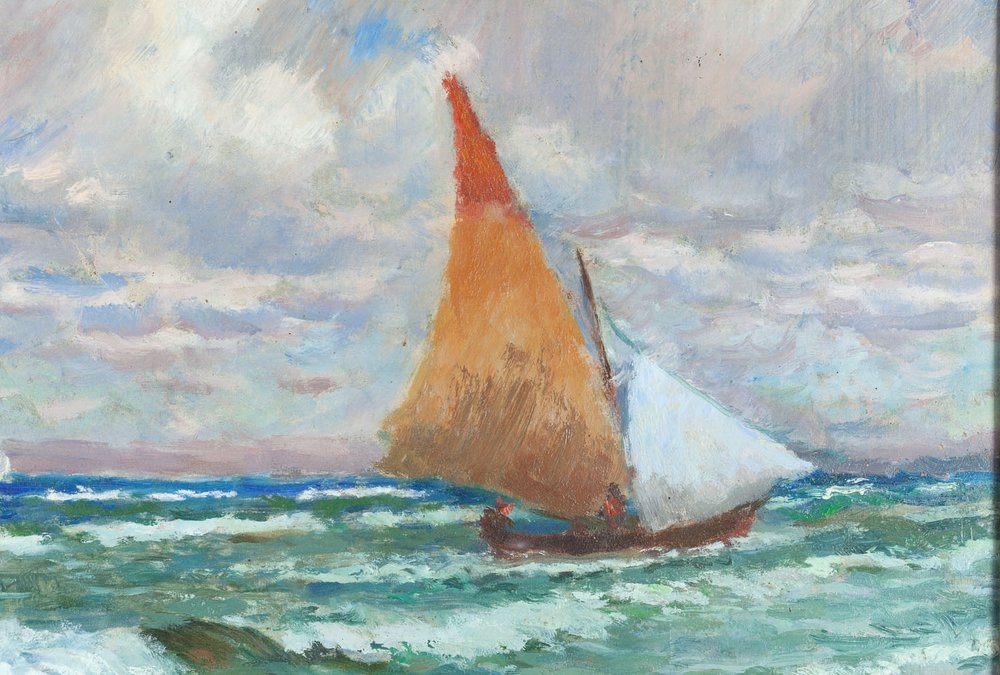 Artwork by Stanislaw Dabrowski, Baltic landscape with boats, Made of oil/paperboard