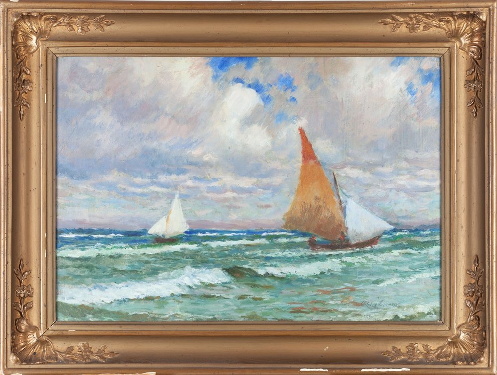 Artwork by Stanislaw Dabrowski, Baltic landscape with boats, Made of oil/paperboard