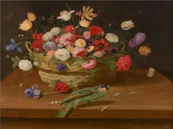 Panier de fleurs et perroquet sur un entablement by Pseudo Jan van Kessel II