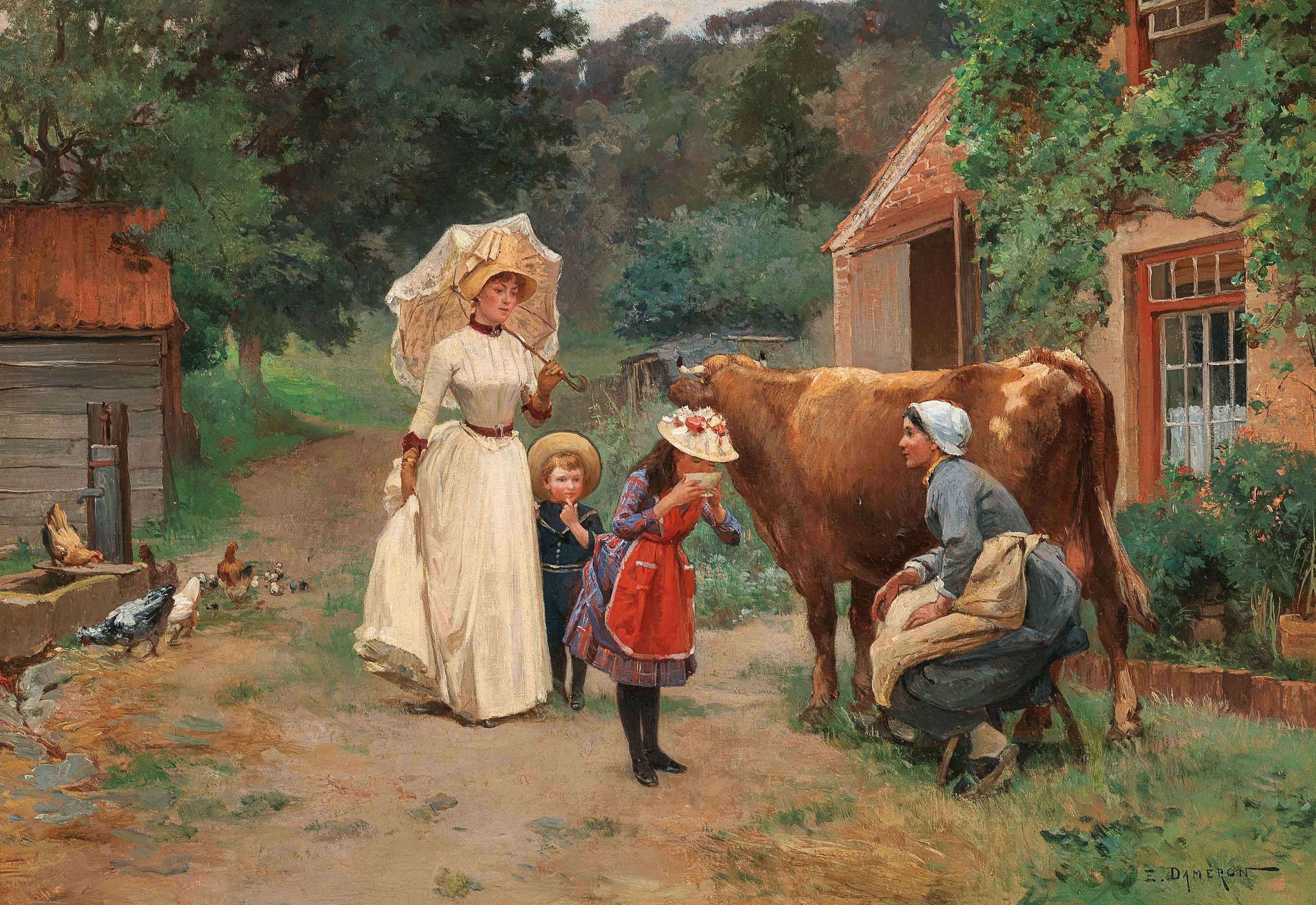 Artwork by Charles-Emile Dameron, A Visit to a Farmyard, Made of oil on canvas