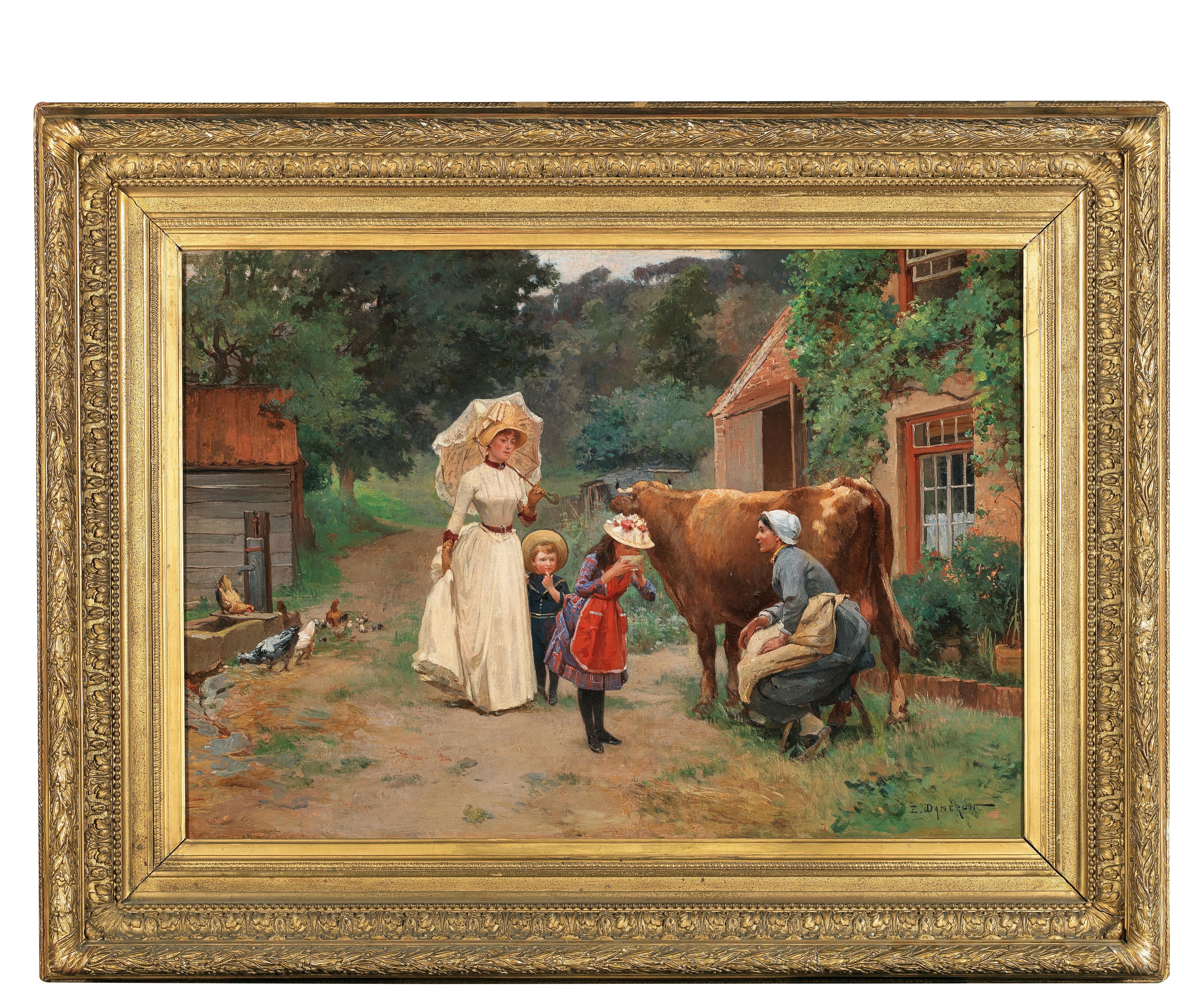 Artwork by Charles-Emile Dameron, A Visit to a Farmyard, Made of oil on canvas