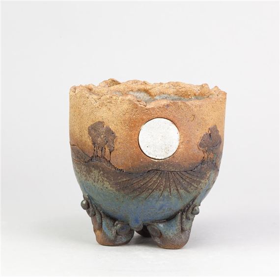 a deep stoneware bowl on tripod feet with applied and incised landscape decoration - Peter Gooderham