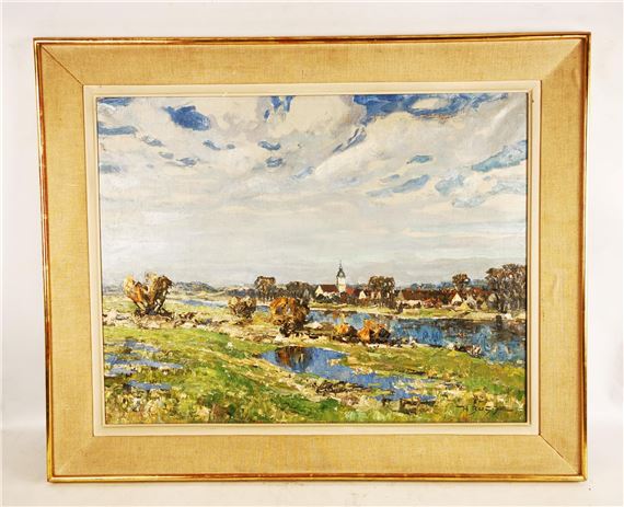 Bord de rivière et village en arrière plan by Hans Busse