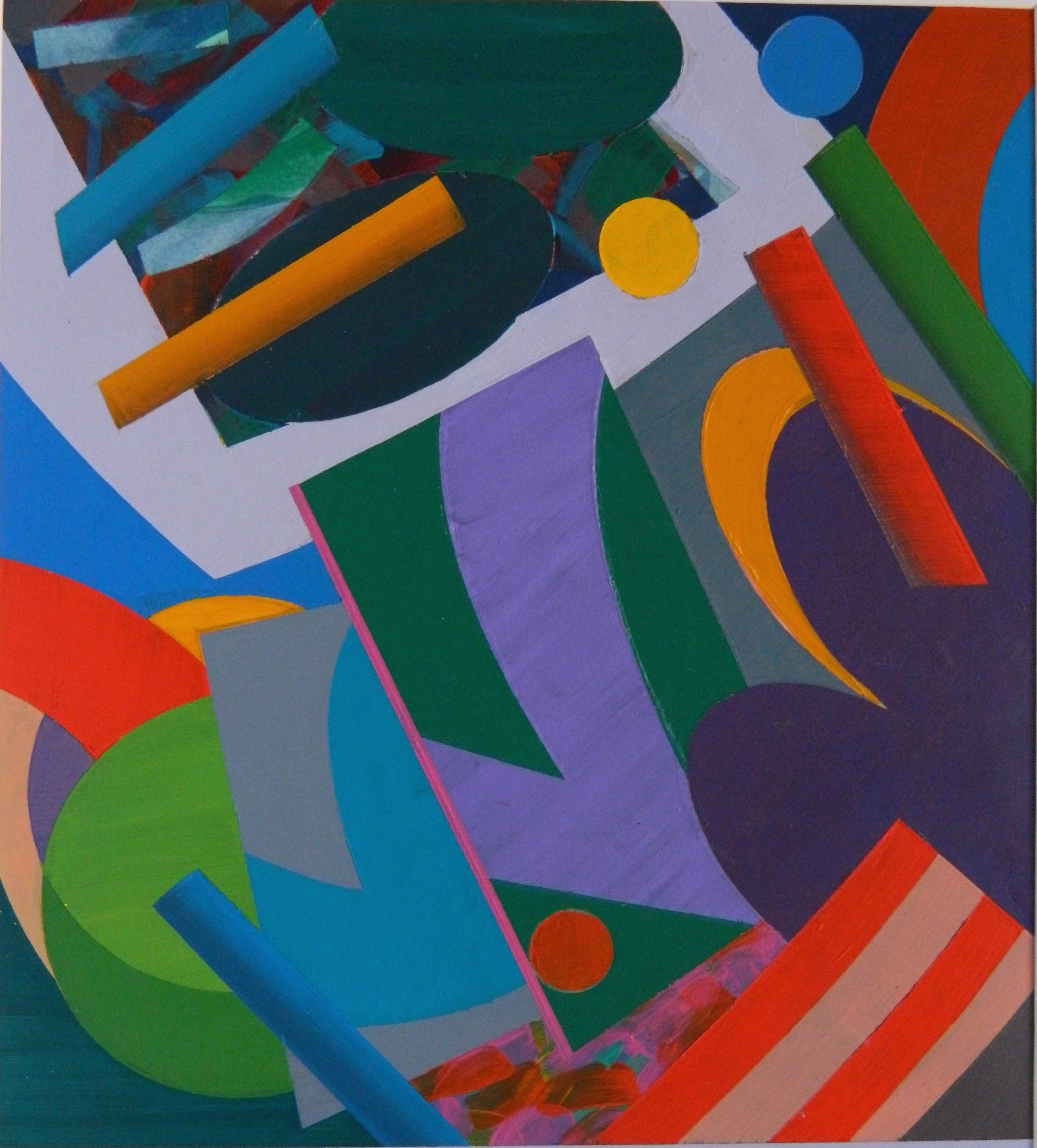 A dynamic abstract composition featuring layered geometric shapes in vivid colors.