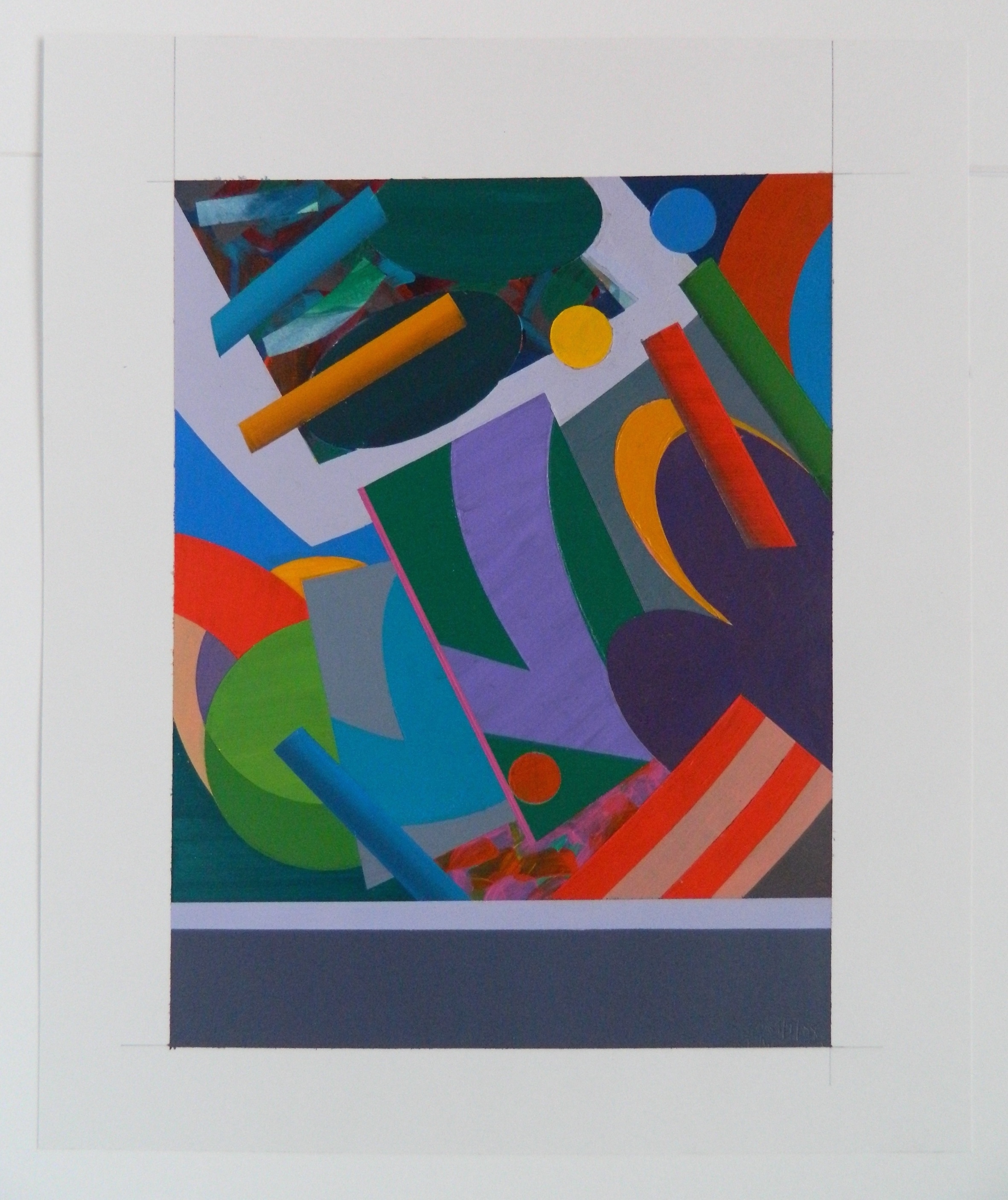 A dynamic abstract composition featuring layered geometric shapes in vivid colors.