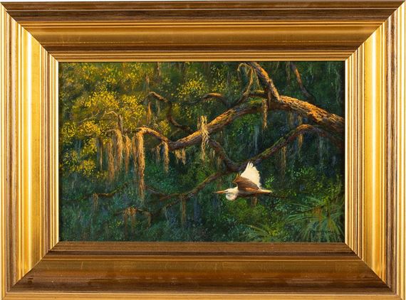 Live Oak with Heron in Flight by Douglas Grier