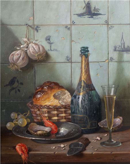 Raymond Campbell | Still life of wine, fruit and cheese | MutualArt