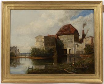 A family playing with toy boat opposite a gentleman skimming stones in the water at a mill house - C. J. Randall