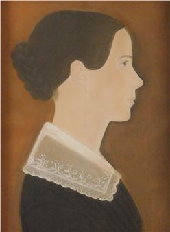Side profile portrait of young woman with lace collar over black dress, against brown background - Ruth Henshaw Miles Bascom