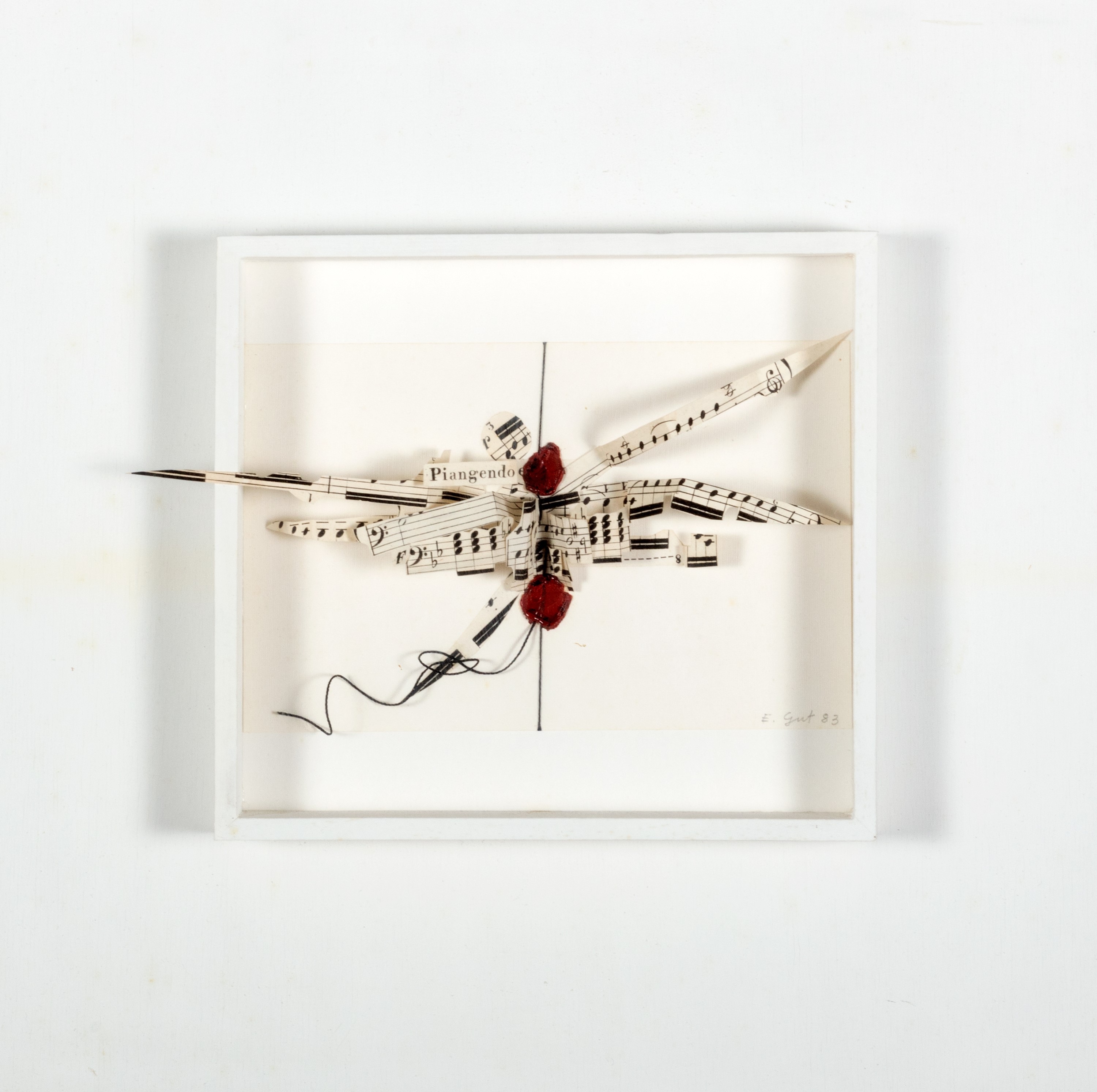 Artwork by Elisabetta Gut, Crying with joy, Made of collage, thread and sheet music on wood