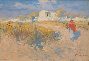 A woman in red strolling through an Italian landscape - Giuseppe Miceu