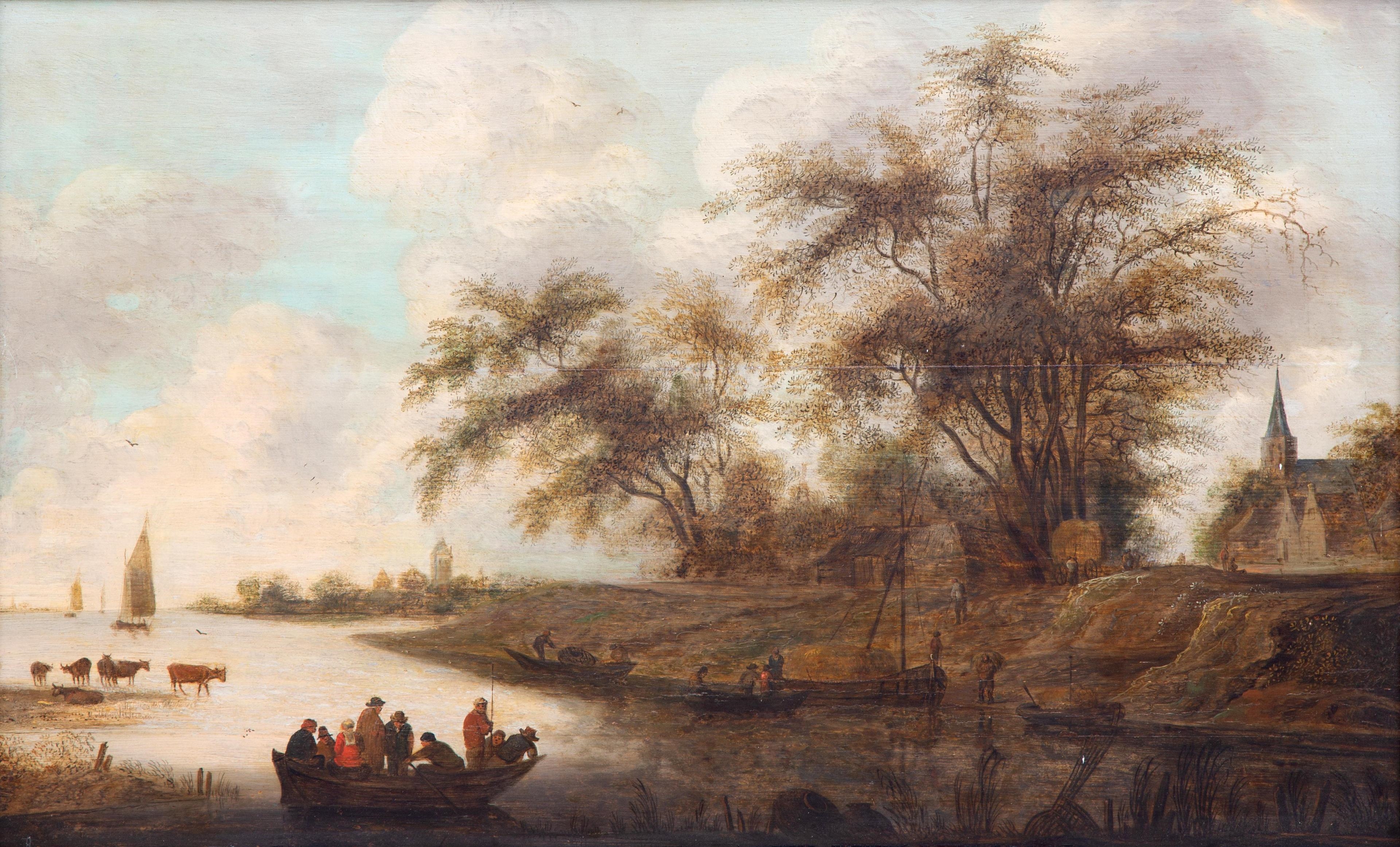 Artwork by Anthonie Jansz. van der Croos, A river view with a pond near a village, Made of oil on panel