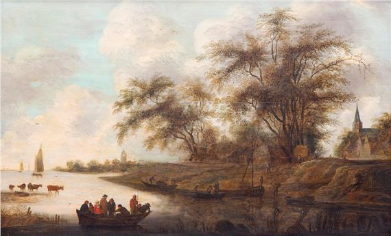 A river view with a pond near a village by Anthonie Jansz. van der Croos