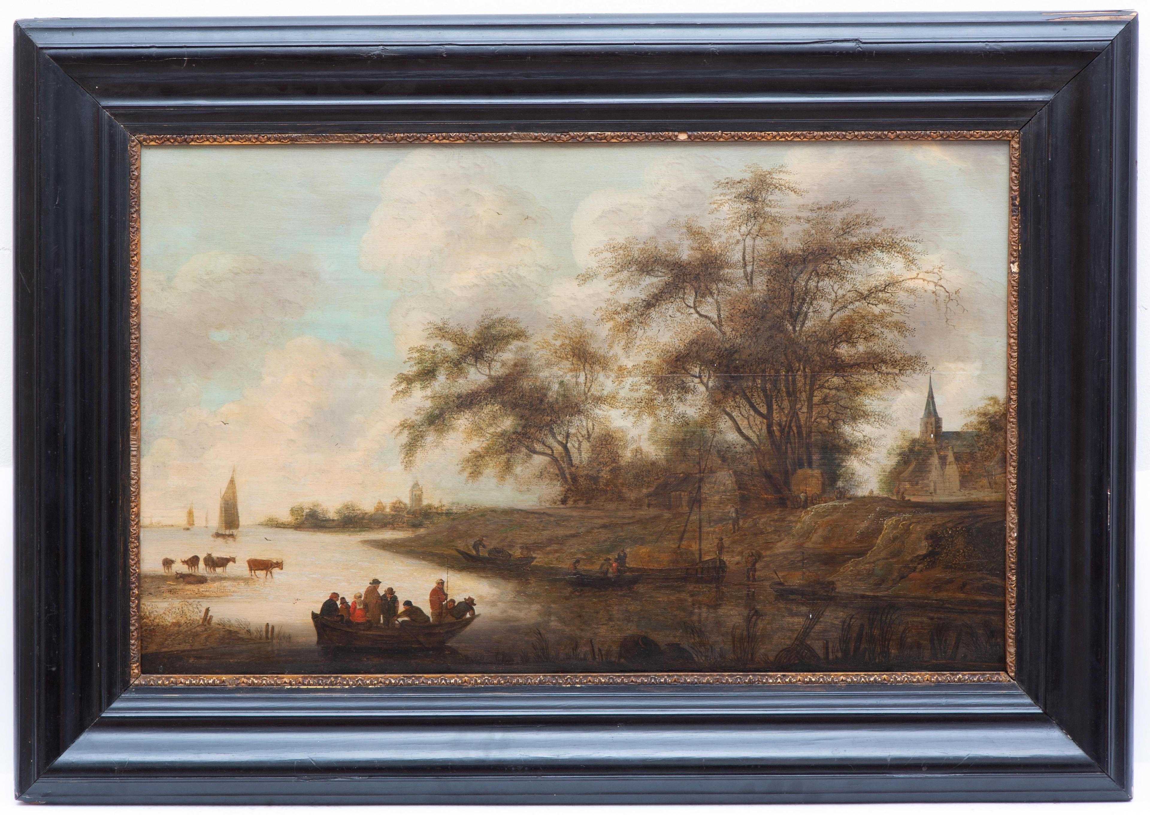 Artwork by Anthonie Jansz. van der Croos, A river view with a pond near a village, Made of oil on panel