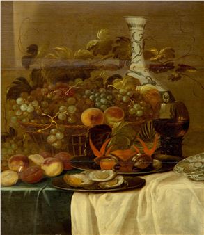 A still life with oysters, a Chinese vase and a fruit basket - Monogrammist J.H.V.