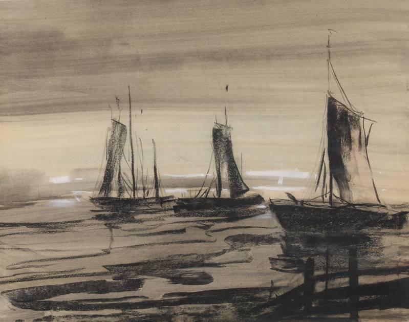 Artwork by Ernst Meurer, "Segelschiffe", Made of Chalk / pastel on paper