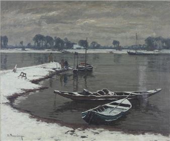 "Verschneite Flusslandschaft mit Booten" - Alfred Rasenberger