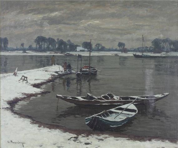 "Verschneite Flusslandschaft mit Booten" by Alfred Rasenberger