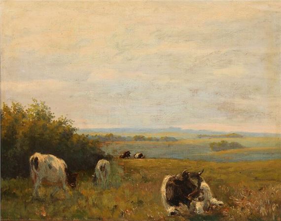 Evening landscape with cows on the field by Emma Meyer