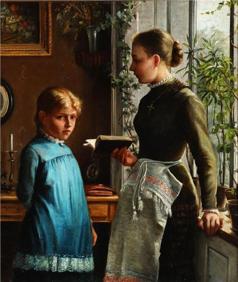 An interior with a girl and a young woman with a book standing by a window by Julie Hamann
