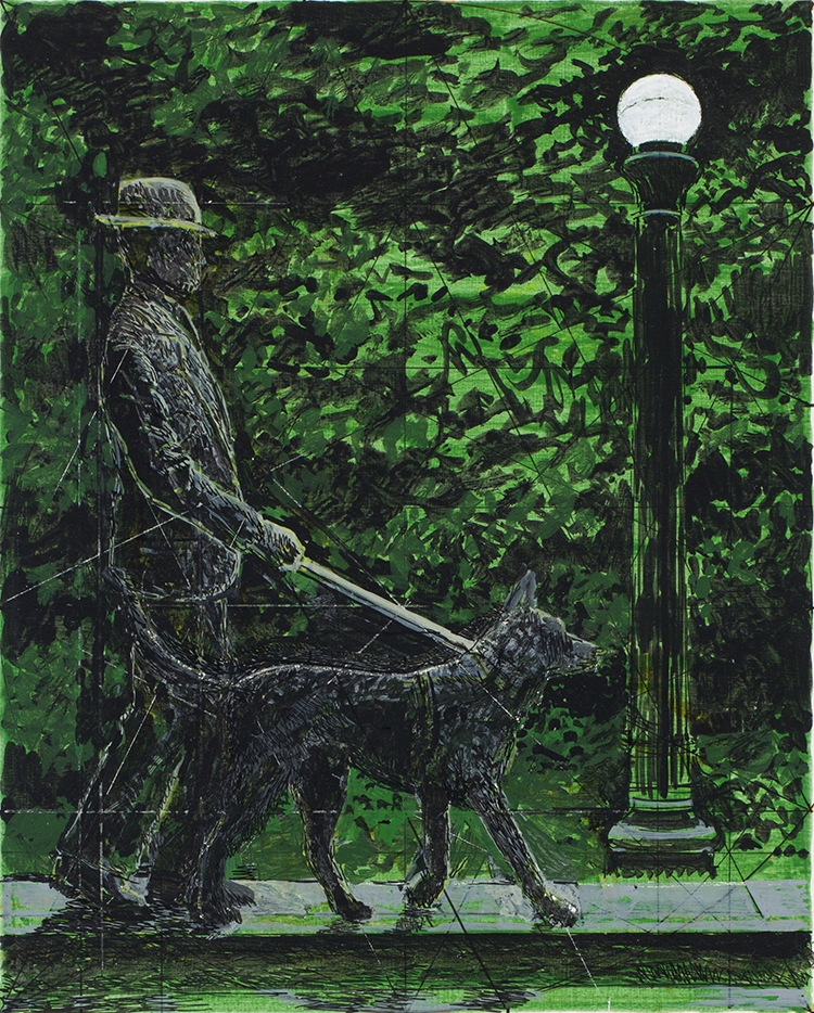 Artwork by Alex Colville, Study for Night Walk, Made of ink and acrylic on mat board