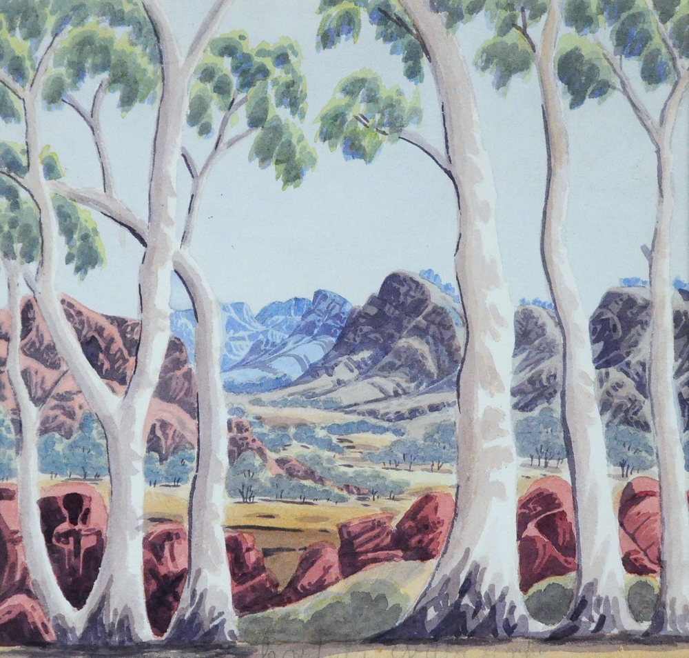 Artwork by Cordula Ebatarinja, “Sentinels across the Valley, MacDonnell Ranges”, Made of Watercolour
