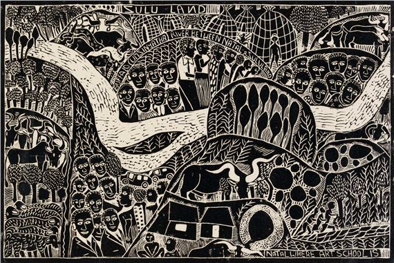 Zulu Land by John Ndevasia Muafangejo, dated 1974