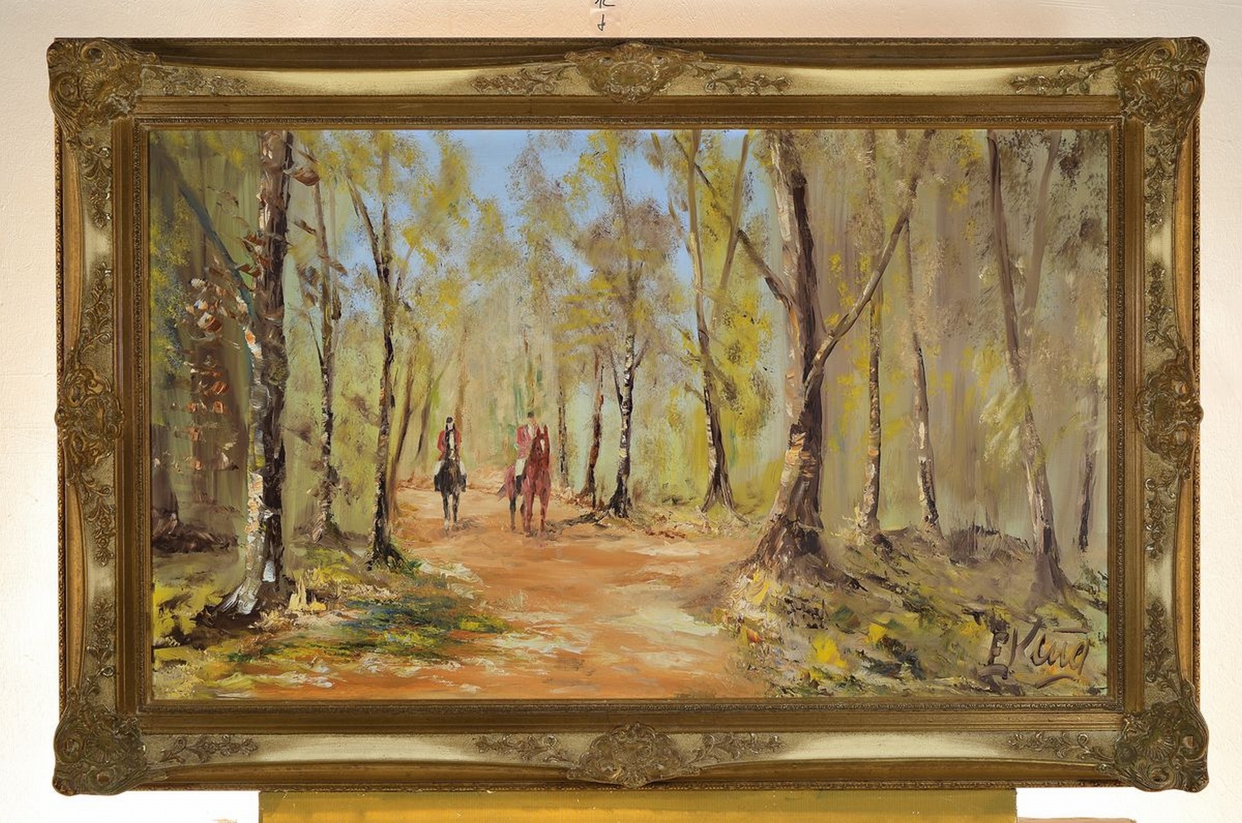 Artwork by Eduard Klug, Rider in autumnal forest, Made of oil / canvas