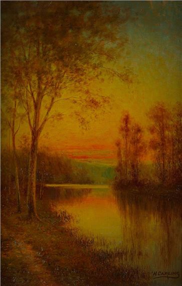 Henry Carling Barbizon Painting Sunset by Henry Carling