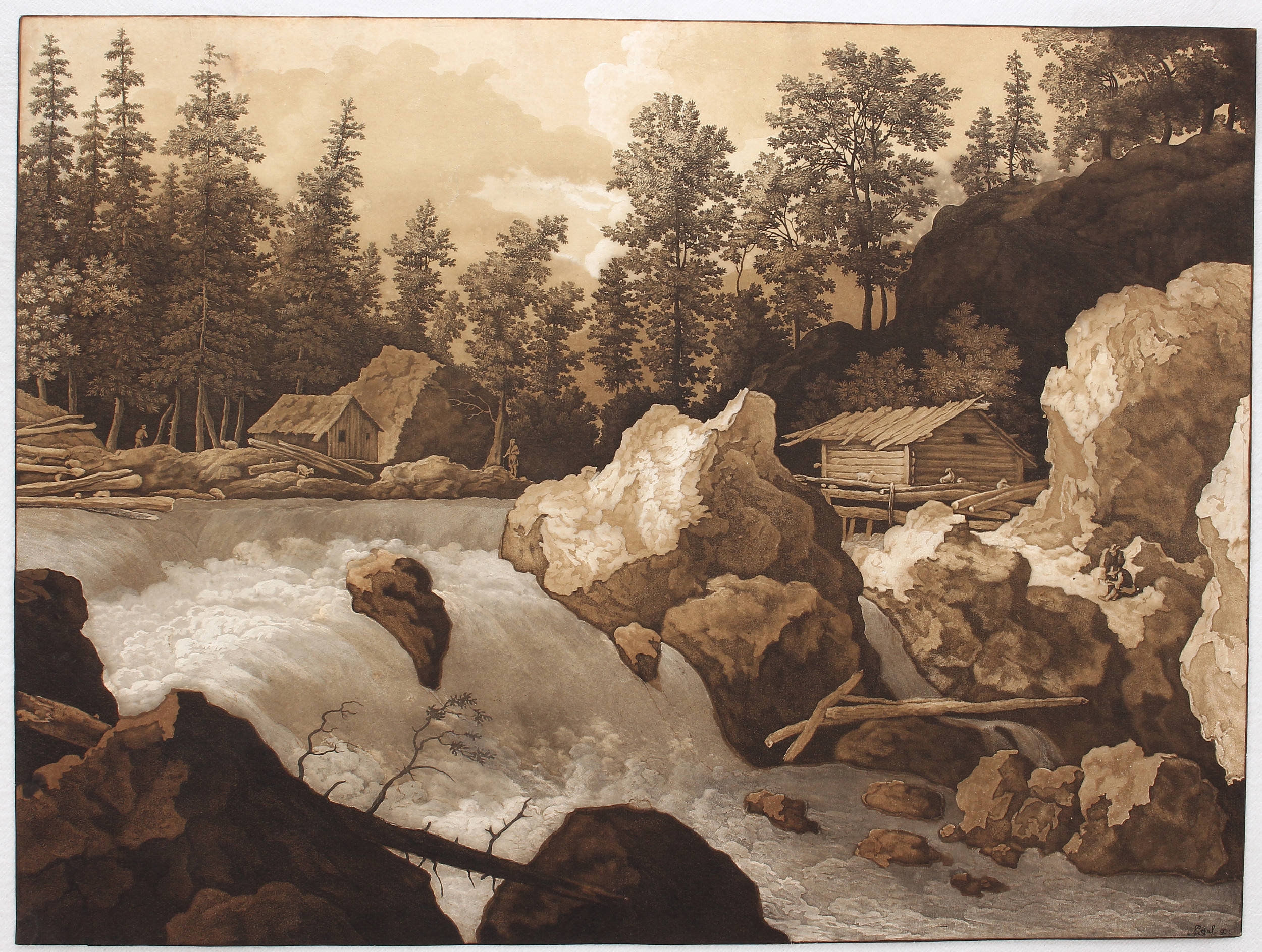 Artwork by Johann Gottlieb Prestel, Felsenlandschaft mit Wasserfall u. Einsiedler, Made of Aquatint etching