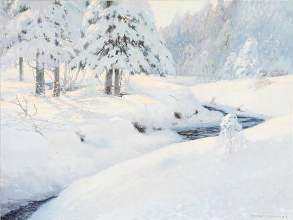 A stream winding through a snowcovered landscape by Olof Walfrid Nilsson, 1912