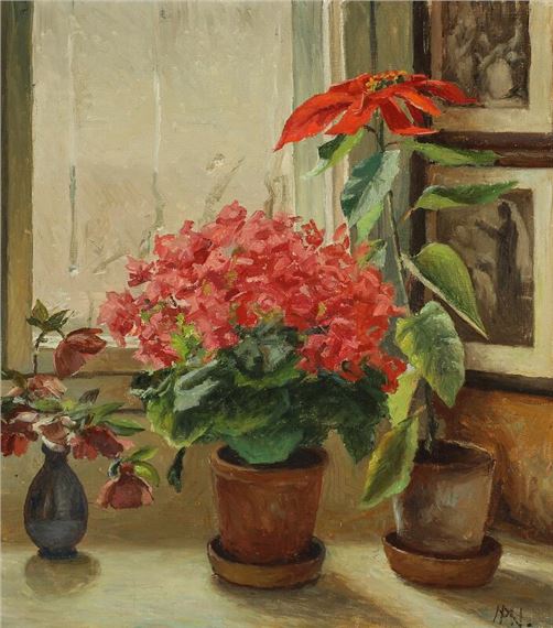 Still life with flowers at the artist's window by Marinus Nielsen