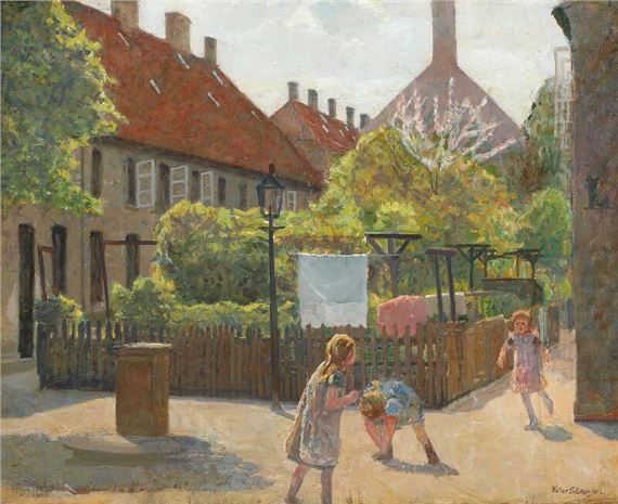 Scenery with playing girls in the streets by Eiler Sørensen