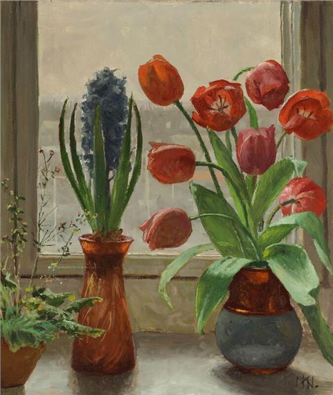Still life with tulips and a hyacinth in a glass on a window sill by Marinus Nielsen