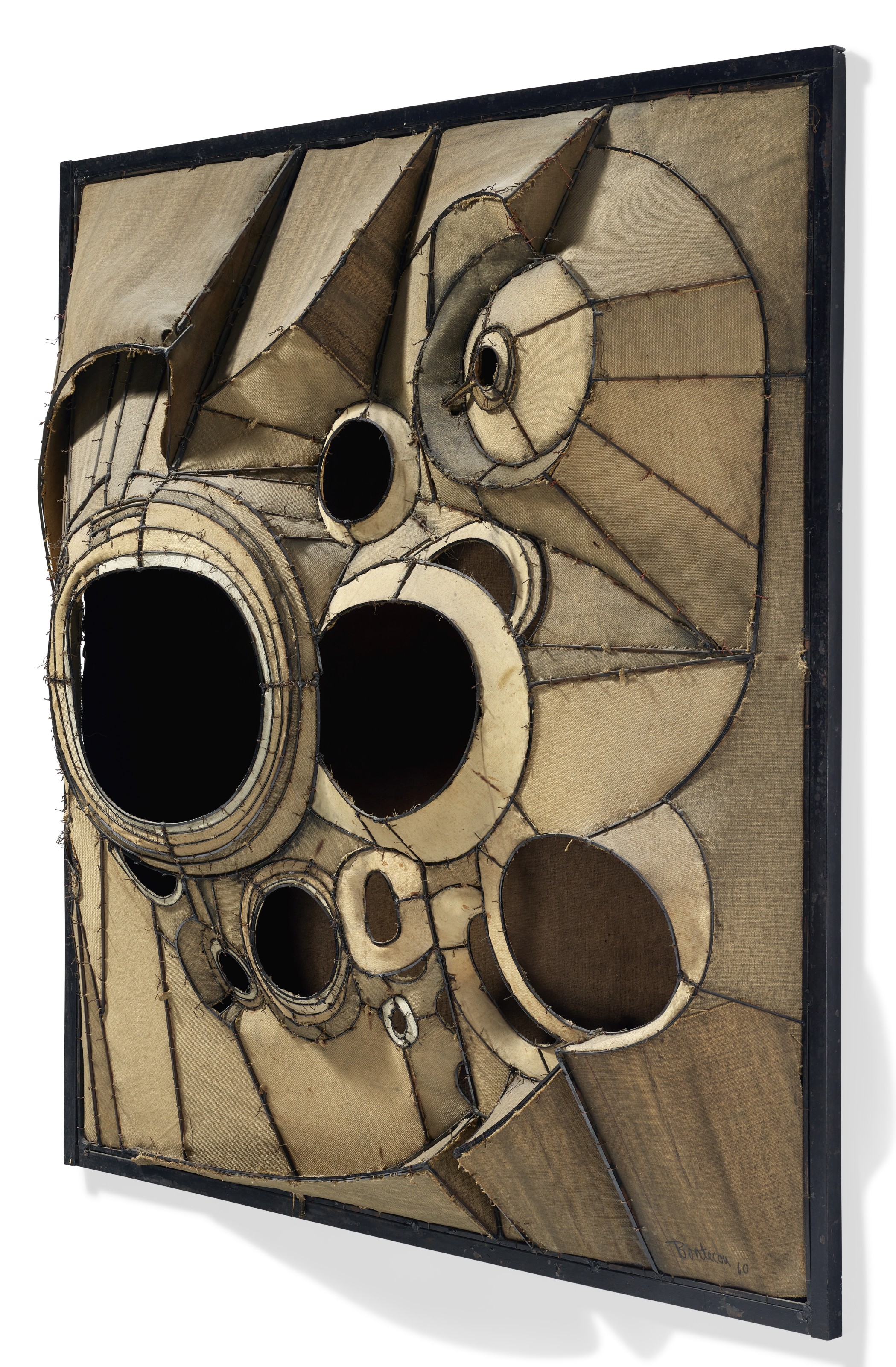 Artwork by Lee Bontecou, Untitled, Made of welded steel, canvas, fabric, velvet and wire