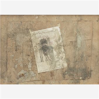 A weathered collage featuring a central sketch on aged paper against a textured, earthy background.