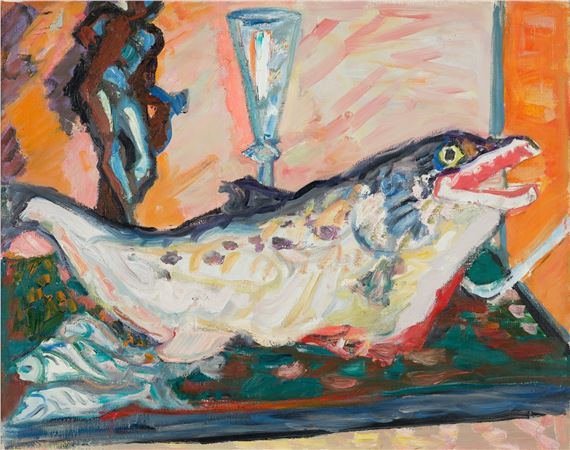 Stillleben mit liegendem Fisch, Statuette und Kelchglas by Max Gubler, 1947